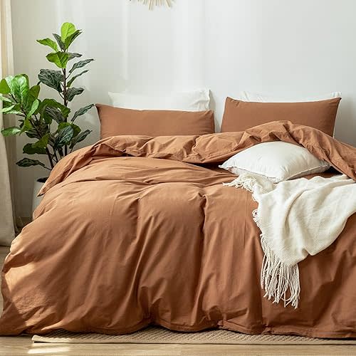 MooMee Bedding Duvet Cover Set 100% Washed Cotton Linen Like Textured Breathable Durable Soft Comfy (Dark Orange, King)