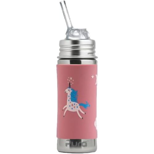Pura Kiki 11oz/325ml Stainless Steel Straw Bottle w/Sleeve, 100% Plastic-Free, MadeSafe Certified, 100% Medical-Grade Silicone Straw for Kids, Toddlers, Preschoolers, Babies & Infant - New Unicorn