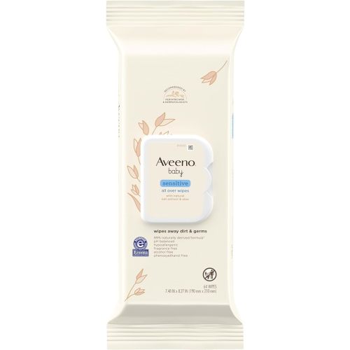 Aveeno Baby Sensitive All Over Wipes with Aloe & Natural Oat Extract for Face, Bottom, Hands & Body, pH-Balanced, Hypoallergenic, Fragrance-, Phenoxyethanol- & Alcohol-Free, 64 ct