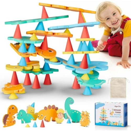 Crislove Montessori Toys for 3 Year Old, 44PCS XXL Wooden Stacking Dinosaur Toys for Kids 3-14, Preschool Educational Learning Toys Open-Ended Balance Games, Christmas Birthday Gifts for Kids Ages 3+