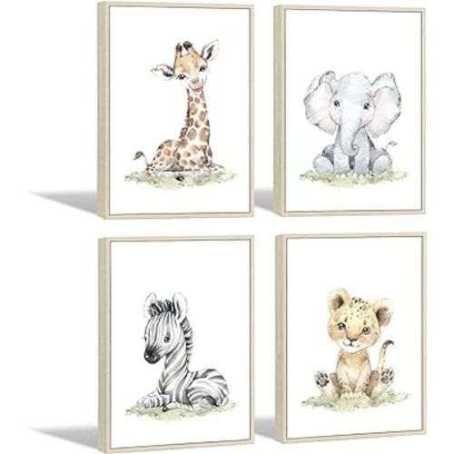 Safari Nursery Wall Art Decor Baby Animal Canvas Wall Art Woodland Nursery Wall Decor Kids Jungle Animal Pictures Safari Giraffe Elephant Tiger Prints for Room Bedroom Set of 4 12x16 Inch Framed