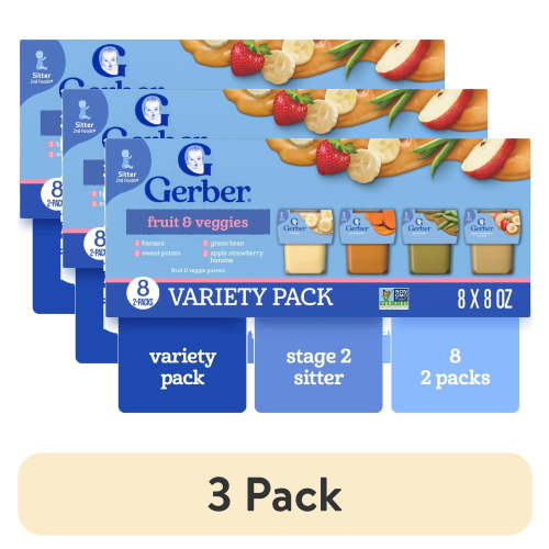(3 pack) Gerber Stage 2 Baby Food, Fruit & Veggies Puree Classics Variety Pack, 4 oz Tub (16 Pack)