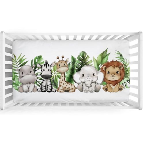 Tropical Jungle Safari Animals Leaves Baby Crib Sheet 52''x28'' Lions Elephant Zebra Hippo Giraffe Fitted Crib Mattress Sheet for Boy Girl Nursery Bed Sheets for Standard Crib and Toddler Mattress
