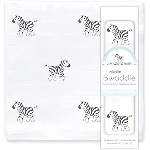 Amazing Baby - Sensory Muslin Swaddle Blanket, Premium Cotton, Zebra, Black and White for Baby Visual Development