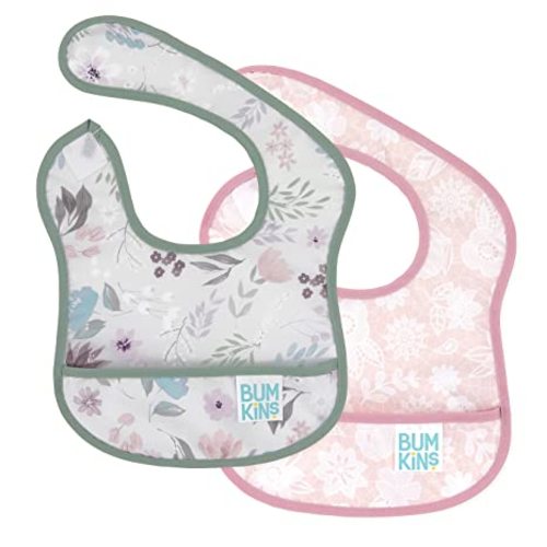 Bumkins Bibs, for Baby Girl or Boy, Infant 3-9 Months, Essential Must Have for Eating, Feeding, Baby Led Weaning, Mess Saving Waterproof Soft Fabric, Starter Bib 2-pk Floral and Lace Gray and Pink - Floral/Lace