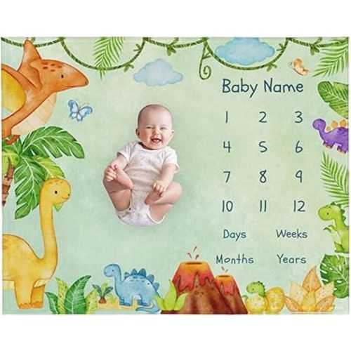 Personalized Baby Monthly Milestone Blanket, Custom Name Growth Chart Monthly Blanket Throw, Baby Nursery for New Moms Baby Shower (Dinosaur-02)