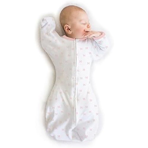 Amazing Baby Transitional Swaddle Sack with Arms Up Half-Length Sleeves and Mitten Cuffs, Medium, 3-6 months, 14-21 lbs, Tiny Bows, Pink (Arms Up Swaddle, Transition Swaddle Sleep Sack)