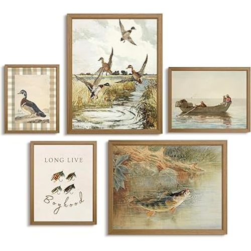 Vintage Nursery Wall Art Decor Baby Boy Room Canvas Prints Fishing Hunting Nursery Wall Decor Mallard Duck Pictures Rustic Farmhouse Poster Artwork for Bedroom 12x16x5 Inch Framed