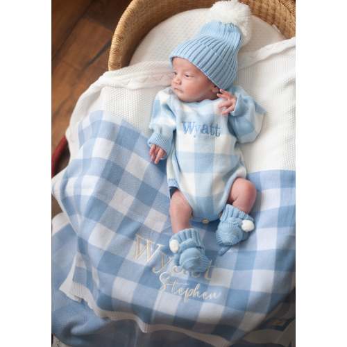 Gingham Personalized Knit Blanket - Blue – Sweet June