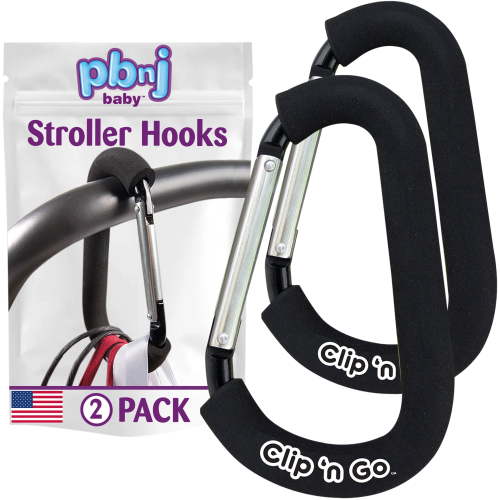 PBnJ baby Clip'n Go Stroller Hooks for Hanging Diaper Bags - Mommy Clip and Stroller Accessories Organizer Hook - Large Carabiner Clip for Mom Purse Shopping Grocery Bag and Accessory - (2 Pack)