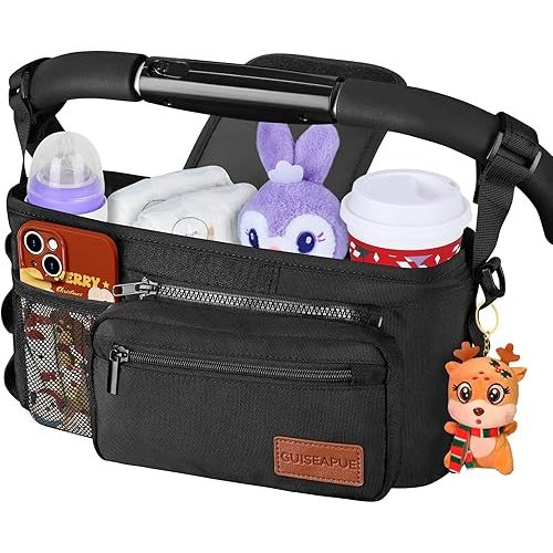 Guiseapue Universal Stroller Organizer with Cup Holder, Baby Travel Essential, Stroller Caddy with Shoulder Strap, Stroller Accessories Fit Uppababy, Baby Jogger Doona, Nuna, Britax, BOB Stroller