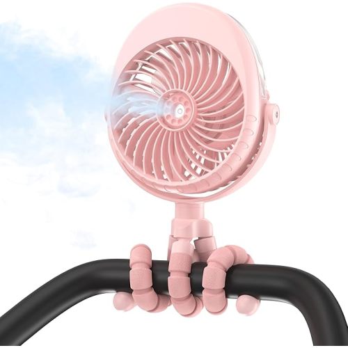 2025 Upgarded 4000mAh Misting Baby Stroller Fan, Rechargeable Battery Operated,Max 15Hrs Cooling,50ml Portable Water Sprayer Misting Fan with Flexible Tripod Clip on Car Seat Crib Treadmill Bunk Bed