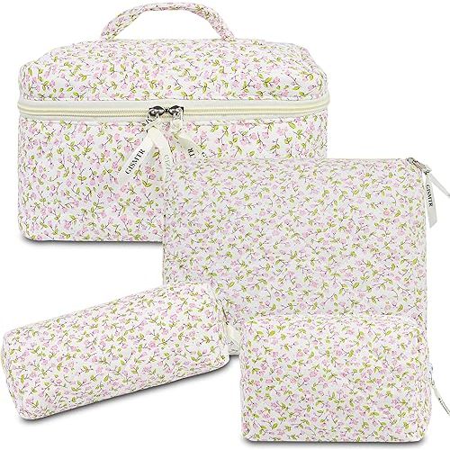 4Pcs Quilted Toiletry Bag Set | Pink Floral