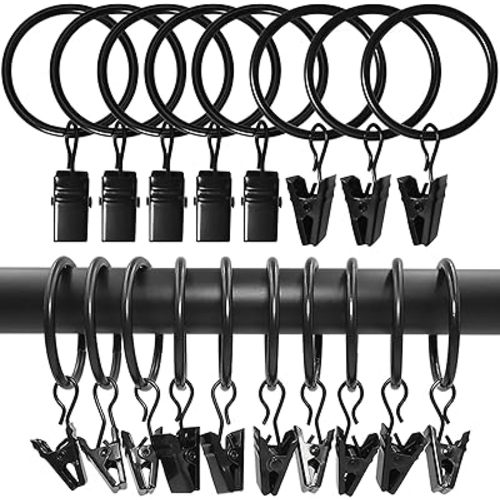 100 Pack Curtain Rings with Clips, Curtain Clip Rings Hooks, Bow Hanger Clips for Hanging Drapery Drapes Bows, Ring 1.26 inch Interior Diameter, Fits up to 1" Rod, Black
