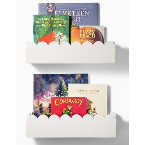White Floating Shelves for Wall Kids - Scalloped Shelves Set of 2 - Wood Nursery Book Shelves - Preassembled Baby Bookshelf - Cloud Shelves for Nursery - Toddler Bookshelf for Nursery Bookshelf