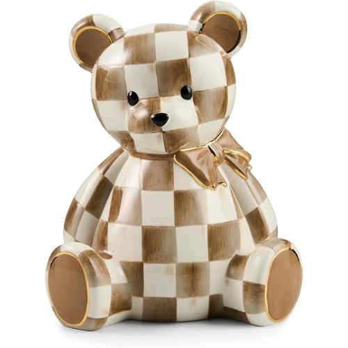 MACKENZIE-CHILDS Ceramic Bear Bank, Brown-and-White Mocha Check