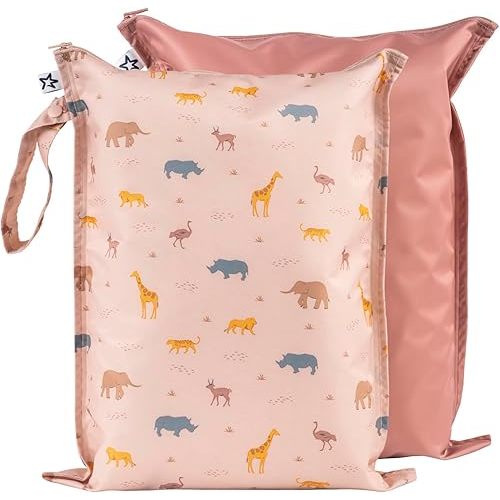 Tiny Twinkle Mess-proof Wet Bags 2 Pack Waterproof and Washable Bag for Travel storage, Stroller, Daycare, Baby Diapers, Yoga, Beach, Pool, Wet Toddler Swimsuits (Petite Safari)