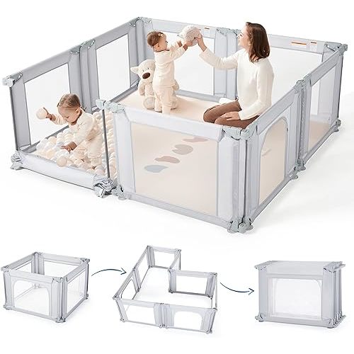 Sweeby Modular Baby Playpen, Customizable & Foldable Playpen for Babies and Toddlers with Easy Access Gate, Portable Indoor & Outdoor Play Yard, Adjustable Shape Kids Activity Center (71"x59", Grey)