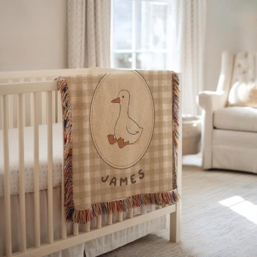 Personalized Goose Woven Blanket Custom Name Throw Farmhouse Gingham Check Baby Nursery Decor Cozy Boho Couch Tapestry Gift for Kids