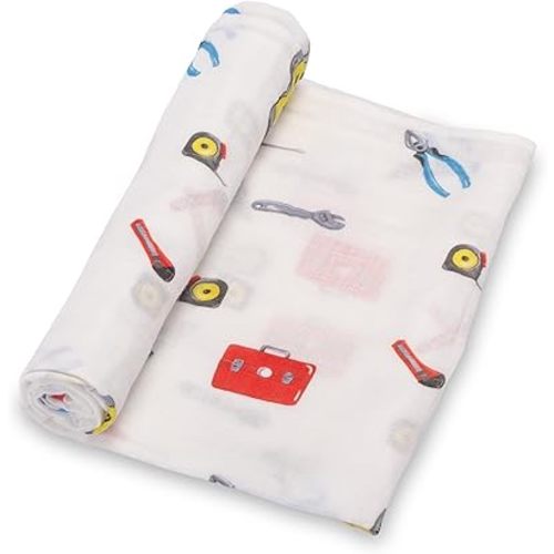 LollyBanks Muslin Swaddle Blankets, Soft Cotton Muslin Baby Blanket, 47 x 47 Inches Newborn Swaddle, Baby Boy Essentials, Registry (Tool Box Print)