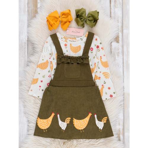 Olive Corduroy Embroidered Chickens Skirtall Set
