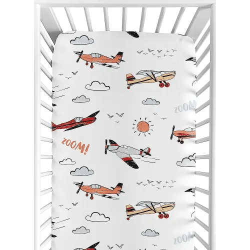 Sweet Jojo Designs Vintage Airplane Boy Fitted Crib Sheet Baby or Toddler Bed Nursery - Grey Yellow Orange Red White and Blue Airplanes Air Plane Transportation Clouds Sun Sky Aviator Aviation