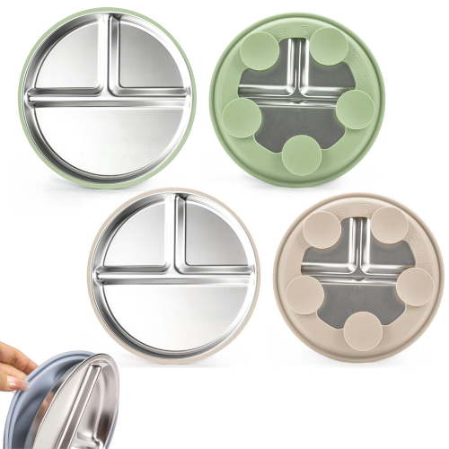 Stainless Steel Baby Plates With Suction,9” Divided Plate Silicone Sleeve For Kids ,Metal Toddler Plates BPA Free Unbreakable Snack Container for Baby Food Feeding Led Weaning Set Of 2
