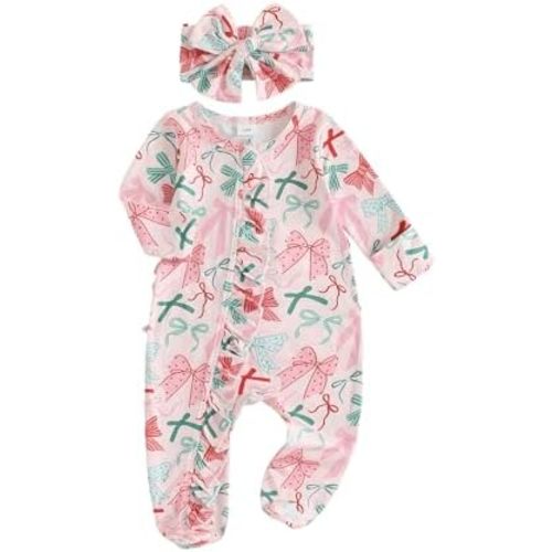 Newborn Baby Girl Outfits Bow/Plaid Print Footed Jumpsuit Ruffle Zipper Romper Cute Fall Baby Coming Home Outfit