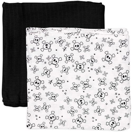 HonestBaby unisex baby 2-Pack Organic Cotton Swaddle Blankets Bandana, Tossed Skulls/Black, One Size US