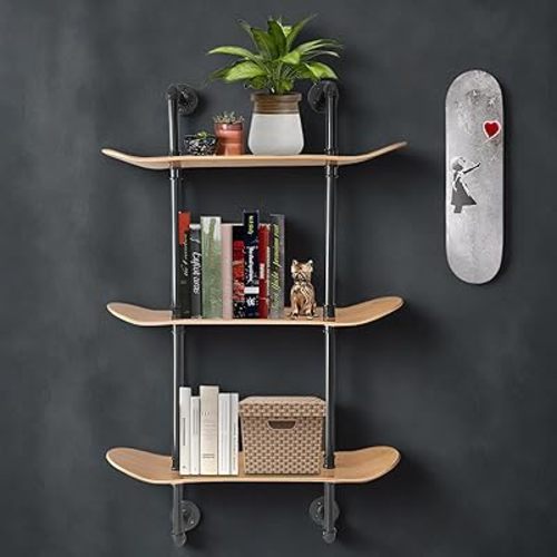 Industrial Shelves - 3 Tier Floating Shelf Bookcase with Mellow Concave Skateboard Decks - Natural Wood Stain Finish - Easy to Assemble - Bathroom Wall Decor, Book Shelf for Living Room