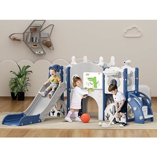 XJD 13 in 1 Toddler Slide Set, Kids Slide for Toddlers Age 1+, New Upgrade with Golf Set, Basketball Hoop, Drawing Board for Indoor Outdoor Playset, Birthday Gifts for Toddler (Blue Gley)