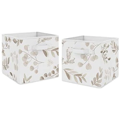 Sweet Jojo Designs Floral Leaf Foldable Fabric Storage Cube Bins Boxes Organizer Toys Kid Baby Children - Set of 2 - Ivory Cream Beige Taupe Gender Neutral Boho Watercolor Botanical Flower Woodland