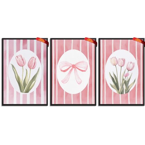 3 Piece Trendy Pink Bows Poster Wall Art Striped Floral Prints Tulips Watercolors Aesthetics Preppy Room Decor Bedroom and Girly Room Wall Decor 8X12 in Unframed