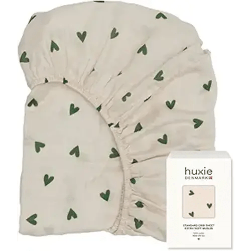 Crib Sheets – Organic Cotton Muslin Fitted Crib Sheet – Standard Size for Baby Boy and Baby Girl 28" x 52" Ultra-Soft and Breathable. (Green Hearts)