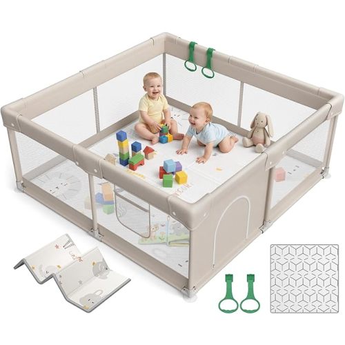 ZEEBABA Baby Playpen with Mat - 59x59in Extra Large Play Pen for Babies & Toddlers, 360° Full Vision Design Play Yard, Baby Fence Indoor, Kids Safe Activity Center (59x59x27inch)