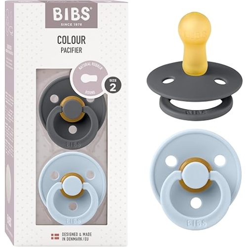 BIBS Pacifiers Colour Collection | Natural Rubber Baby Pacifier | Round Nipple | Set of 2 BPA-Free Soothers | Made in Denmark | 6+ Months (Pack of 2) | Baby Blue/Iron