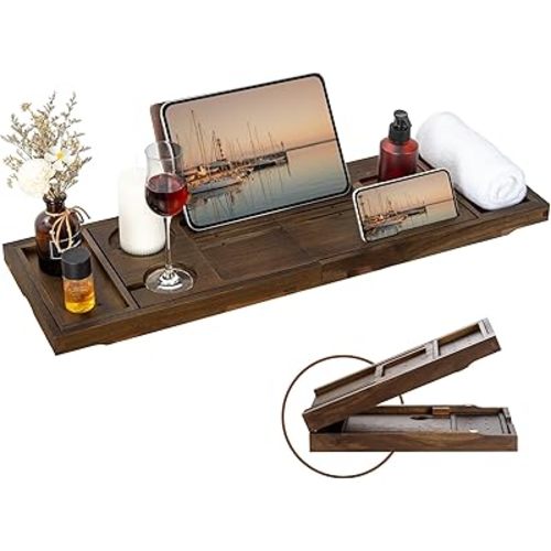 Teak Bathtub Tray - Luxury Bath Tray with Expandable Handles, Wine Glass and Phone Holders, Book Stand - Perfect for Home Spa Relaxation and Reading - Natural Bath Accessories