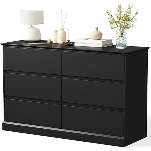 Dresser for Bedroom, Modern Wooden Dresser Closet Dresser,6 Drawer Dresser for Living Room, Entryway, or Hallway, Black