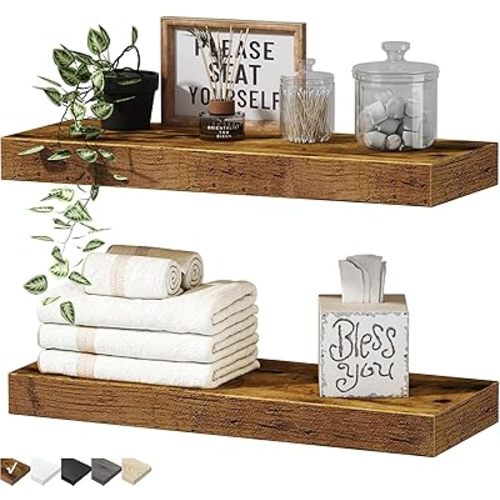 QEEIG Bathroom Floating Shelves for Wall - 16 x 7 inch Wall Mounted Shelf Over Toilet Farmhouse Decor Small Set of 2, Rustic Brown (008-40BN)