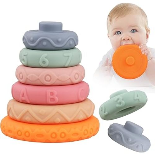 6 Pcs Stacking Rings Soft Toys for Babies Newborn 0-18 Months 1 Year Old Girls Boys - Toddler Sensory Educational Montessori Baby Blocks - Infant Development Teething Learning Easter Basket