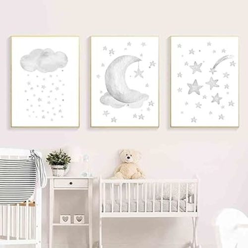 Moon Cartoon Canvas Wall Art Cloud Star Cute Print Star Paintings Cute Clouds Picture Modern Cloud Canvas Wall Art Nursery Classroom Posters Star Nursery Picture Kid Girl Room 16x24inchx3pcs No Frame