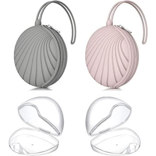 Smlpuame 4 Pack Pacifier Holder Case Set,2 Silicone Portable Pacifier Cover Pouch Bag for Diaper Bags Baby Carriage with 2 Transparent Pacifier Storage Container Box,Easy to Clean,Shell(Pink+Grey)