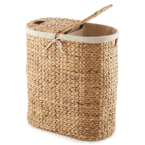 Oval Laundry Hamper with Lids and Removable Liner Bags, Woven Water Hyacinth 2-Section Laundry Basket Sorter for Towels, Clothes and More