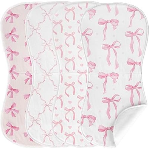 4 Pack Pink Bow Baby Burp Cloths Soft Absorbent Spit up Rags Cherry Burp Cloths Pink Burping rag for Boy Girl Newborn Gifts Nursery Decor, 19 x 9 Inches