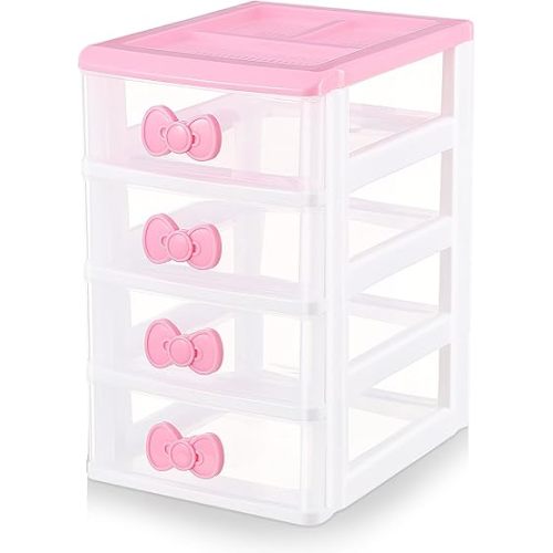 Girls Cute Lovely Color Storage Box Makeup Organizer with 4 Layers, Cute Storage Cabinet Box with Bow Handle, Desktop Storage Box for Home Bedroom Bathroom Women Girl Gifts (Pink)