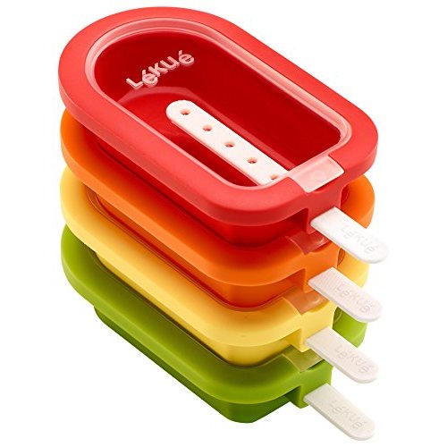 Lékué Set of 4 Stackable Popsicle Molds + Sticks & Lids | Homemade Freezer Ice Pops & Frozen Snacks | Flexible Platinum Silicone for Easy Fill & Unmold | Reusable & Dishwasher Safe| Multicolor