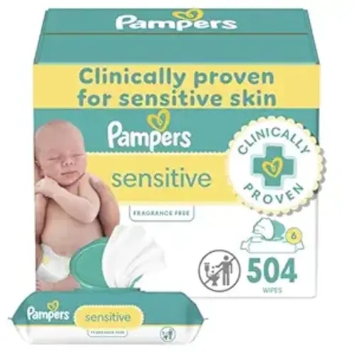 Pampers Baby Wipes Sensitive, Water Based Baby Wipes, Hypoallergenic and Unscented Baby Wipes, 504 Wipes Total (6 Flip-Top Packs)