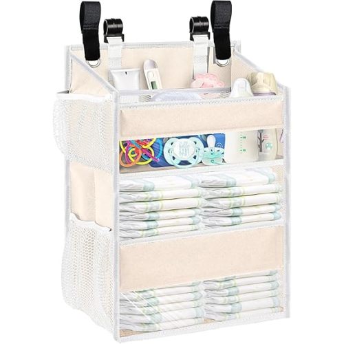Hanging Diaper Organizer for Changing Table,Cribs,Car,Playard or Wall & Nursery Organization - Spacious & Durable 2-Tier Diaper Organizer- Hold 90+ Diapers, Won't Deform, Beige