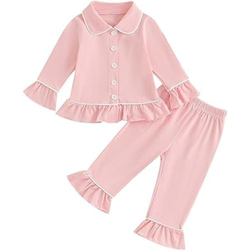 Multitrust Baby Girls Ruffled Cotton Pajamas Set Long Sleeve Button Down Shirts and Flared Pants Matching Pj Sets Sleepwear