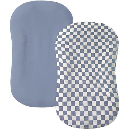 Muslin Baby Lounger Cover 2 Pack, 100% Cotton Infant Lounger Cover, Soft & Breathable Replacement Slipcover, Compatible with Snuggle Me Newborn Lounger (Tradewinds,Tradewinds Check)